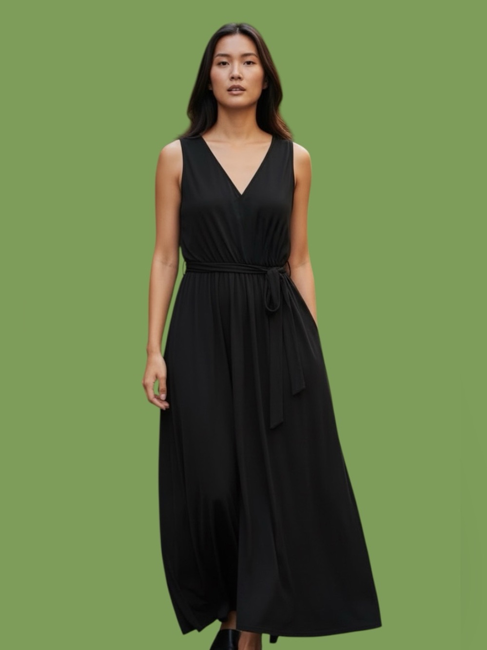 Ashley Stewart Sleeveless Black V-Neck Maxi Dress with Self Tie Belt 18/20